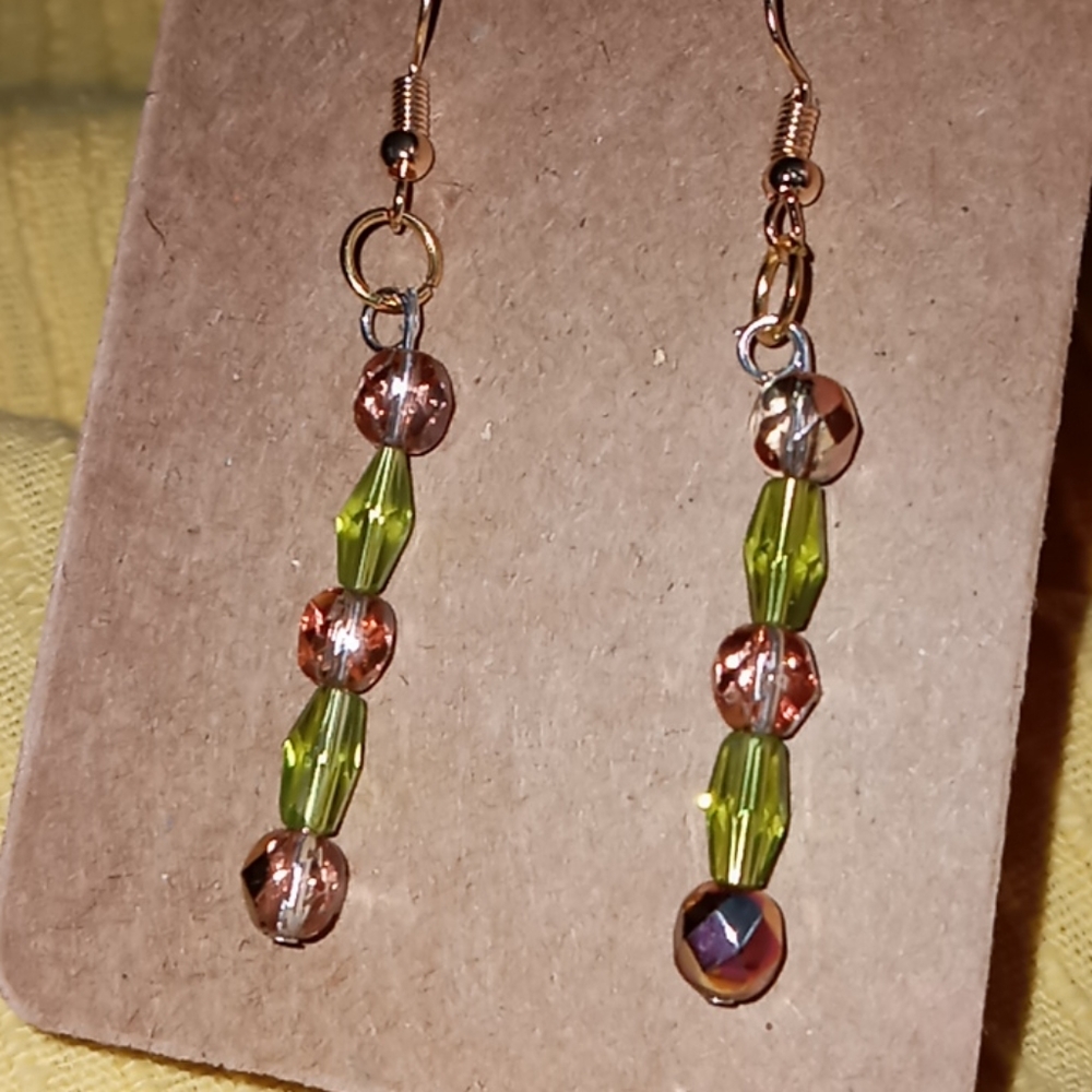 Hand Crafted Rose gold and lime czech crystal statement drop earrings